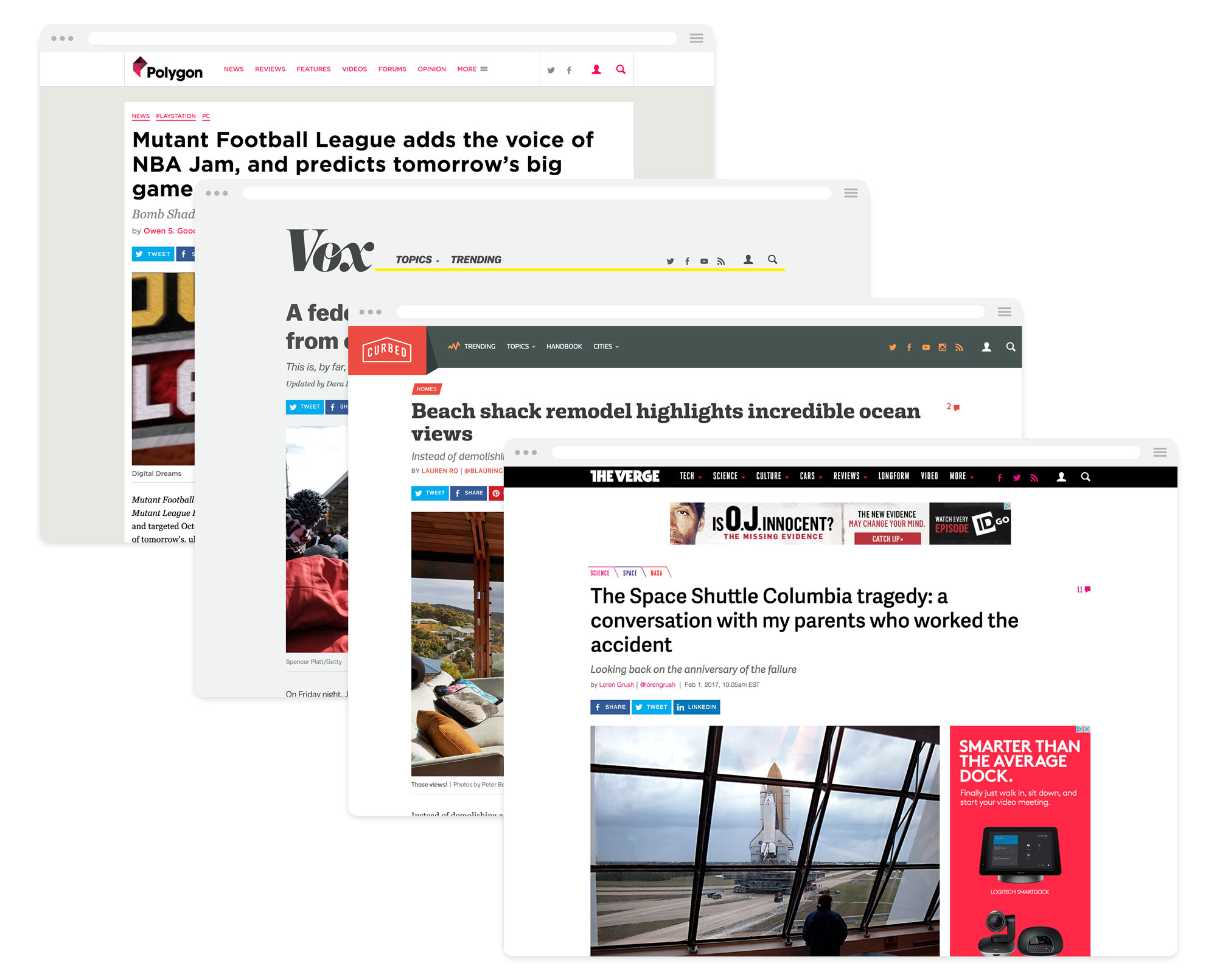 Example of article pages on four brands.